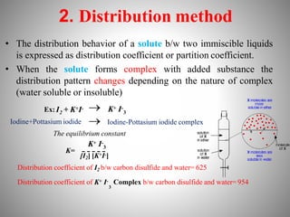 2. Distribution method
• The distribution behavior of a solute b/w two immiscible liquids
is expressed as distribution coefficient or partition coefficient.
• When the solute forms complex with added substance the
distribution pattern changes depending on the nature of complex
(water soluble or insoluble)
Ex: I + K+I-
2
Iodine+Pottasium iodide
K+ I-
3


3
The equilibrium constant
K+ I-
[I2] [K+I-]
K=
Distribution coefficient of I2 b/w carbon disulfide and water= 625
Distribution coefficient of K+ I- Complex b/w carbon disulfide and water= 954
3
Iodine-Pottasium iodide complex
 