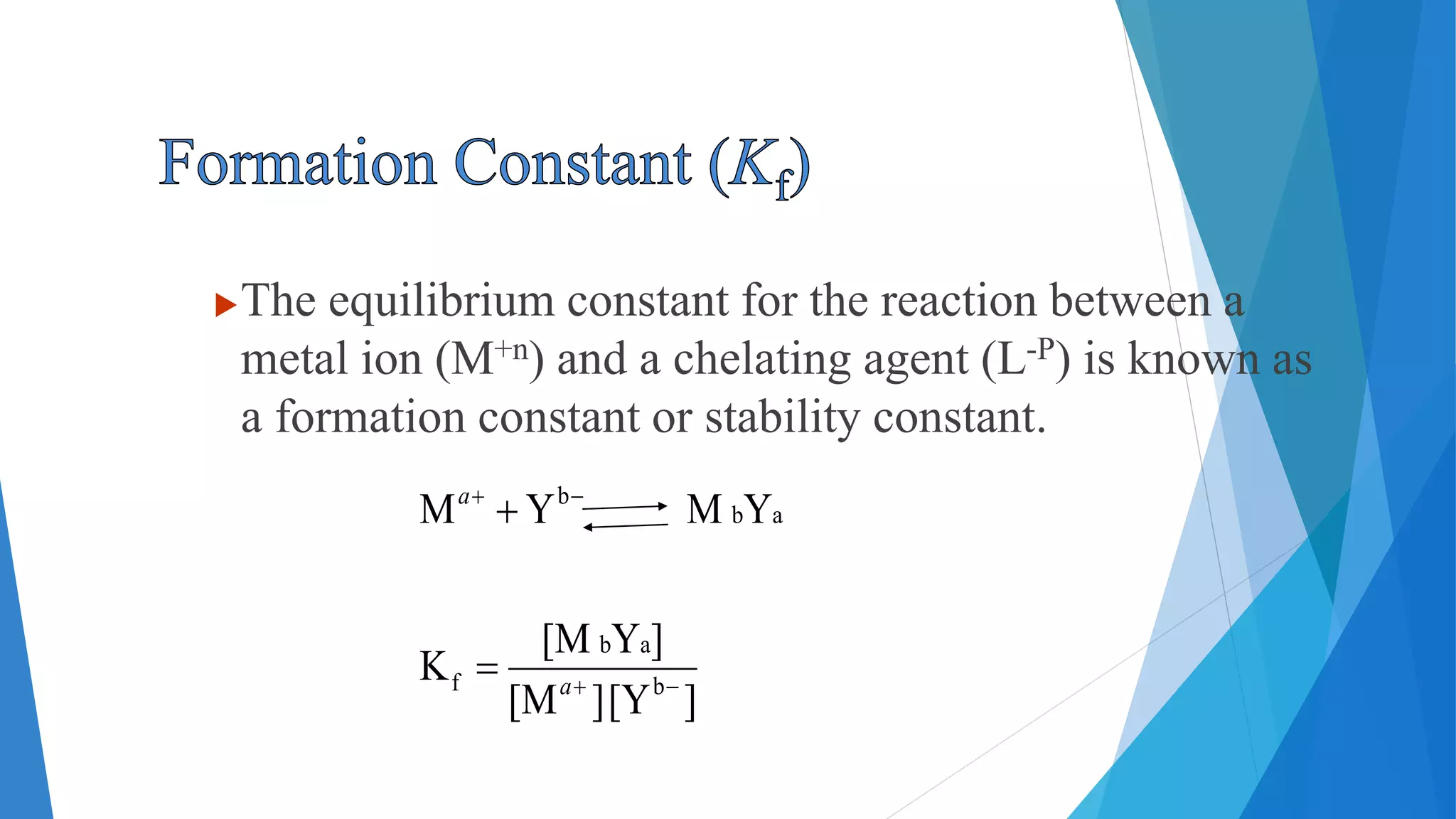 The equilibrium constant for the reaction between a
metal ion (M+n) and a chelating agent (L-P) is known as
a formation constant or stability constant.
][Y][M
]Y[M
K
YMYM
b
ab
f
ab
b




a
a
 