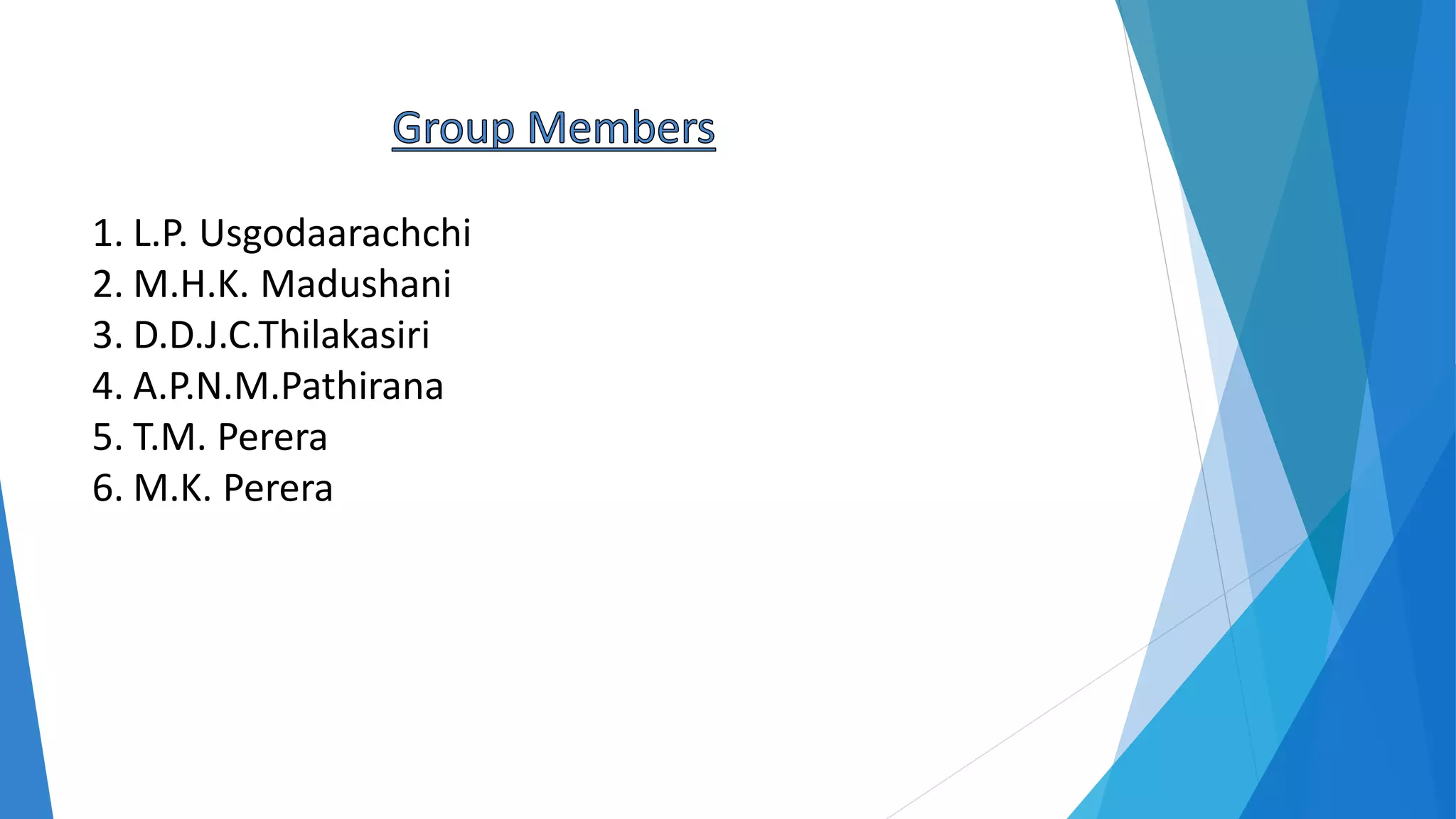 1. L.P. Usgodaarachchi
2. M.H.K. Madushani
3. D.D.J.C.Thilakasiri
4. A.P.N.M.Pathirana
5. T.M. Perera
6. M.K. Perera
 