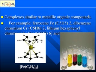  Complexes similar to metallic organic compounds.
 For example: ferrocene Fe (C5H5) 2, dibenzene
chromium Cr (C6H6) 2, lithium hexaphenyl
chromium Li [Cr (C6H5) 6] and so on.
[Fe(C5H5)2]
 