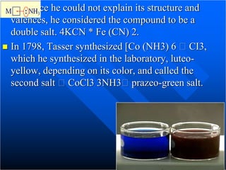  But since he could not explain its structure and
valences, he considered the compound to be a
double salt. 4KCN * Fe (CN) 2.
 In 1798, Tasser synthesized [Co (NH3) 6 CI3,
which he synthesized in the laboratory, luteo-
yellow, depending on its color, and called the
second salt CoCl3 3NH3 prazeo-green salt.
 