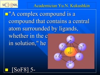 Academician Yu.N. Kukushkin
"A complex compound is a
compound that contains a central
atom surrounded by ligands,
whether in the crystalline state or
in solution," he said.
 [SoF8] 5-
 