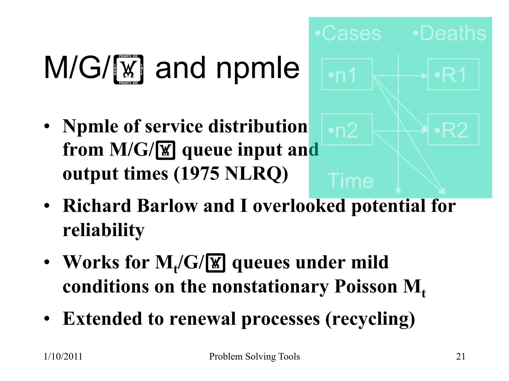 •Cases   •Deaths
M/G/! and npmle                             •n1       •R1

•  Npmle of service distribution •n2                  •R2
   from M/G/! queue input and
   output times (1975 NLRQ)      Time
•  Richard Barlow and I overlooked potential for
   reliability
•  Works for Mt/G/! queues under mild
   conditions on the nonstationary Poisson Mt
•  Extended to renewal processes (recycling)
1/10/2011          Problem Solving Tools                21
 