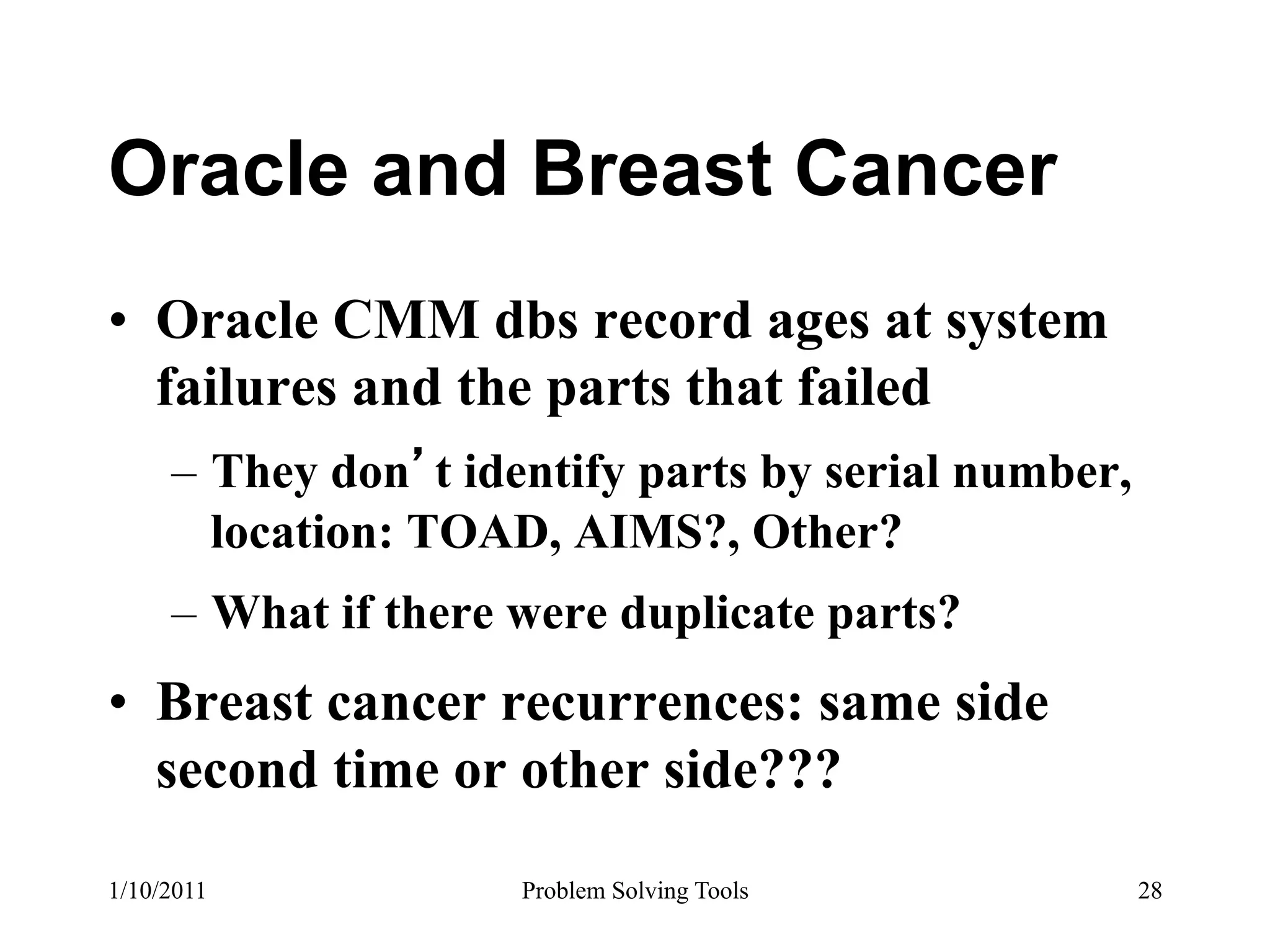 Oracle and Breast Cancer
•  Oracle CMM dbs record ages at system
   failures and the parts that failed
     –  They don t identify parts by serial number,
        location: TOAD, AIMS?, Other?
     –  What if there were duplicate parts?
•  Breast cancer recurrences: same side
   second time or other side???
1/10/2011            Problem Solving Tools            28
 
