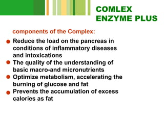 COMLEX
ENZYME PLUS
components of the Complex:
Reduce the load on the pancreas in
conditions of inflammatory diseases
and intoxications
The quality of the understanding of
basic macro-and micronutrients
Optimize metabolism, accelerating the
burning of glucose and fat
Prevents the accumulation of excess
calories as fat

 