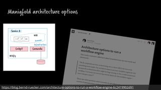 …
Manigfold architecture options
https://blog.bernd-ruecker.com/architecture-options-to-run-a-workflow-engine-6c2419902d91
 