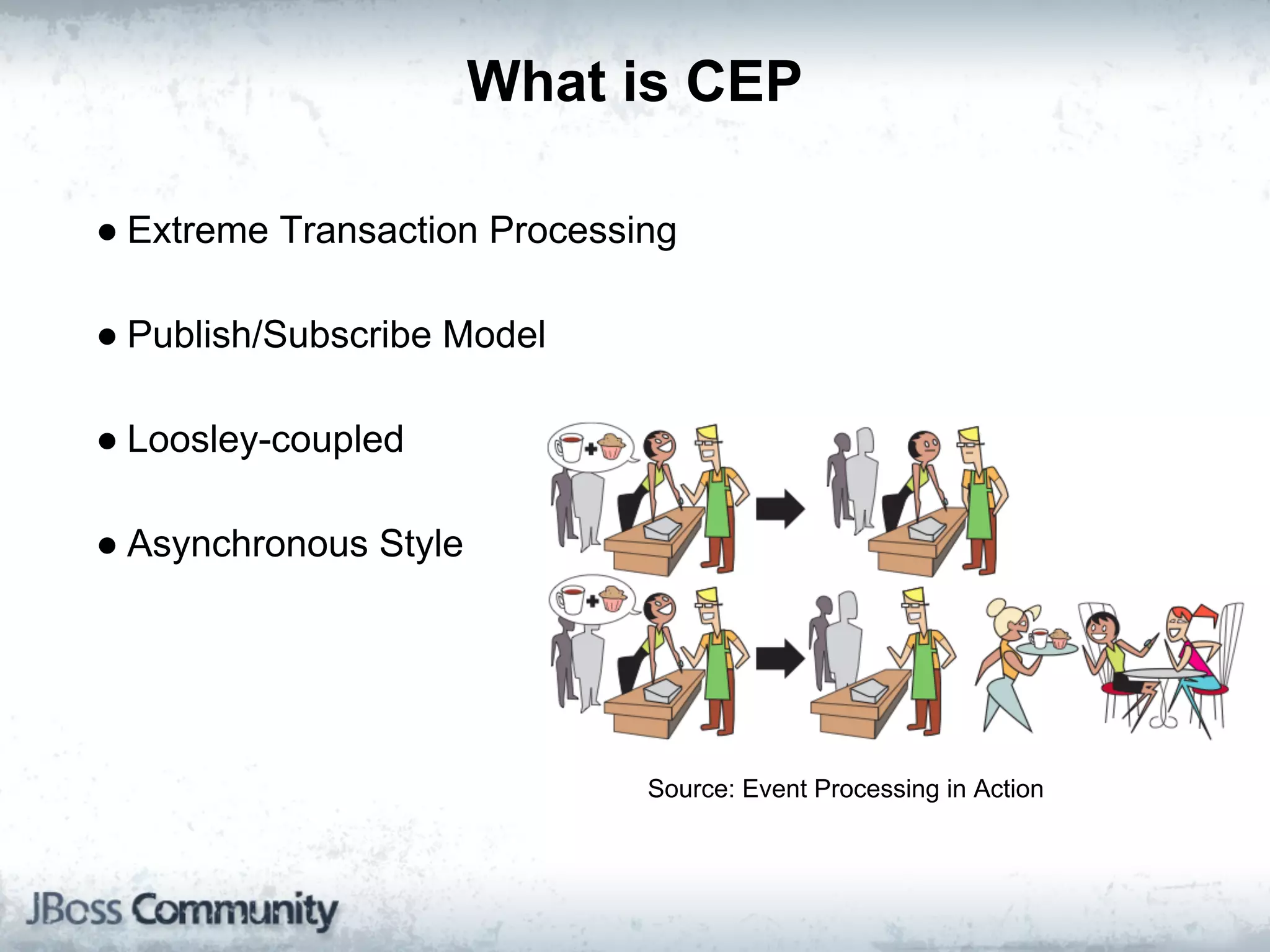 What is CEP

● Extreme Transaction Processing

● Publish/Subscribe Model

● Loosley-coupled

● Asynchronous Style




                              Source: Event Processing in Action
 