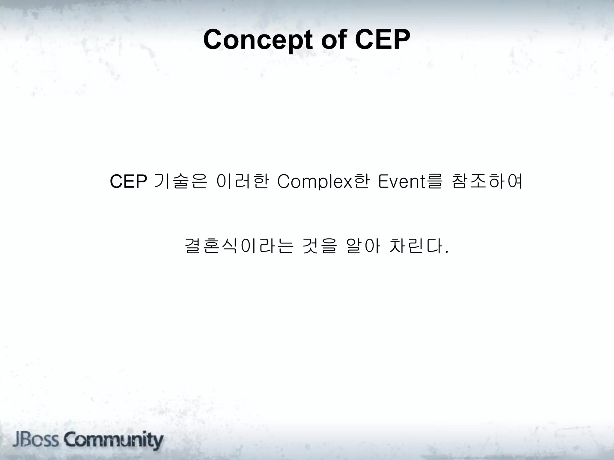 Concept of CEP




CEP 기술은 이러한 Complex한 Event를 참조하여


     결혼식이라는 것을 알아 차린다.
 