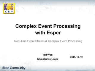Complex Event Processing
      with Esper
Real-time Event Stream & Complex Event Processing



                    Ted Won
                                        2011. 11. 12.
                http://tedwon.com
 