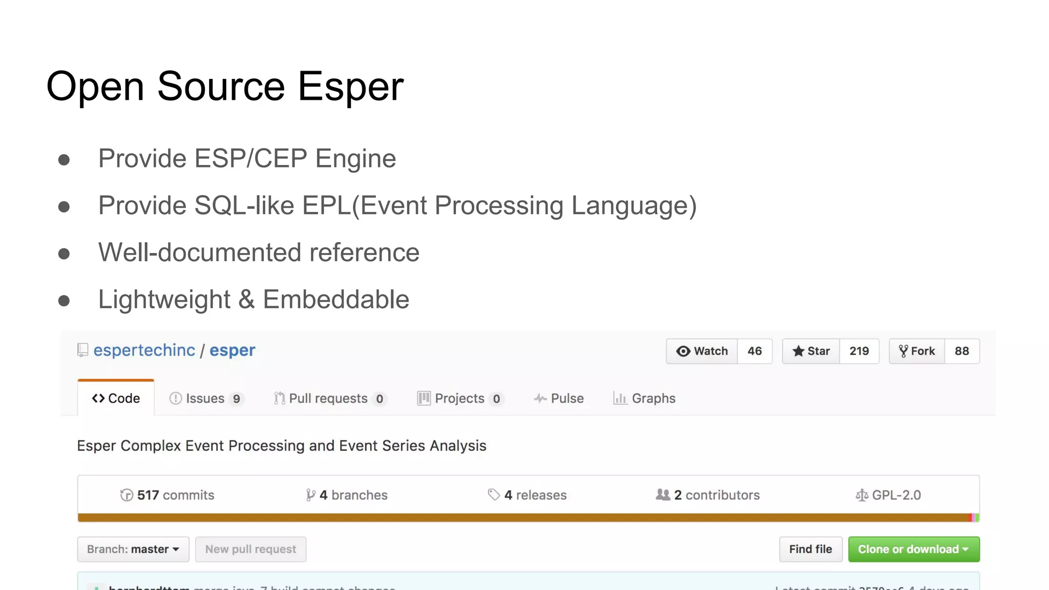 Open Source Esper
● Provide ESP/CEP Engine
● Provide SQL-like EPL(Event Processing Language)
● Well-documented reference
● Lightweight & Embeddable
 
