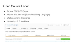 Open Source Esper
● Provide ESP/CEP Engine
● Provide SQL-like EPL(Event Processing Language)
● Well-documented reference
● Lightweight & Embeddable
 