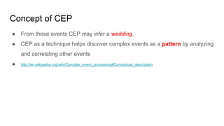 Concept of CEP
● From these events CEP may infer a wedding.
● CEP as a technique helps discover complex events as a pattern by analyzing
and correlating other events
● http://en.wikipedia.org/wiki/Complex_event_processing#Conceptual_description
 