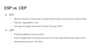 ESP vs. CEP
● ESP
○ Monitor streams of event data, analyse those events, and act upon opportunities
○ Filtering, Aggregation, Join
○ Average of Google stock over the last (moving) 30min
● CEP
○ Detecting patterns among events
○ If this Google stock increased more than 5% two times followed by Apple stock
decreased more than 10% then…
 