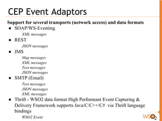 CEP Event Adaptors 
● Cassandra (from CEP 3.0.0) 
Map messages 
● Fix (from CEP 3.0.0+) 
Map messages 
● MYSQL (from CEP 3.0.0) 
Map messages 
● HBase (from CEP 3.0.0+) 
Map messages 
& Event adaptors are pluggable ! 
 