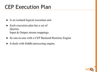 CEP Event Formatter 
Event formatter does the inverse – listens to events coming from event 
processor and sends converted events to Event adaptors. 
There are 5 types of output mapping types are available 
● Map 
● Text 
● WSO2Event 
● XML 
● JSON 
 