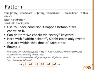 Sequence 
from <event-regular-expression> within <time> 
select <attributes> 
Insert into <stream> 
! Regular Expressions supported 
o * - Zero or more matches (reluctant). 
o + - One or more matches (reluctant). 
o ? - Zero or one match (reluctant). 
o or – either event 
! Here we have to refer events returned by * , + using square 
brackets to access a specific occurrence of that event 
from a1 = requestOrder[action == "buy"], 
b1 = cseEventStream[price > a1.price and symbol==a1.symbol]+, 
b2 = cseEventStream[price <b1.price] 
select a1. symbol as symbol, b1[0].price as firstPrice, b2.price as orderPrice 
insert into purchaseOrder 
y1 a1 b1 b1 b2 n7 
 