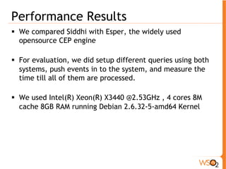 Performance sending event within same JVM 
Simple filter without window 
from StockTick[prize >6] return symbol, price 
 