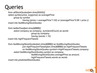 Alert 
! As a Email 
Hi 
Within last minute, people being twitting about {company} 
{words} times, and the last traded price of {company} has 
changed by 2% and now being trading at ${amount}. 
From 
CEP 
! As a SMS 
 