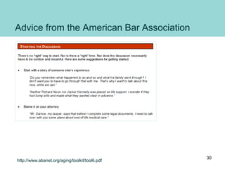 Advice from the American Bar Association
http://www.abanet.org/aging/toolkit/tool6.pdf
30
 