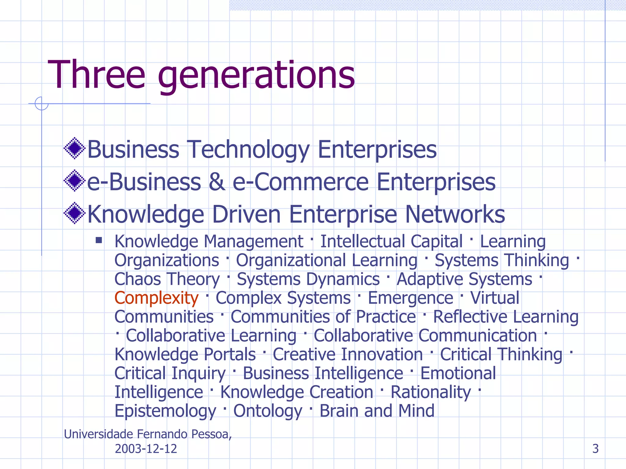 Three generations Business Technology Enterprises  e-Business &  e -Commerce Enterprises Knowledge Driven Enterprise Networks Knowledge Management · Intellectual Capital · Learning Organizations · Organizational Learning · Systems Thinking · Chaos Theory · Systems Dynamics · Adaptive Systems ·  Complexity  · Complex Systems · Emergence · Virtual Communities · Communities of Practice · Reflective Learning · Collaborative Learning · Collaborative Communication · Knowledge Portals · Creative Innovation · Critical Thinking · Critical Inquiry · Business Intelligence · Emotional Intelligence · Knowledge Creation · Rationality · Epistemology · Ontology · Brain and Mind 