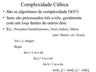 Complexidade Cúbica
• São os algoritmos de complexidade O(N³)
• Itens são processados três a três, geralmente
com um loop dentro do outros dois
• Ex.: Procedure SomaElementos_Vetor_Indices_Matriz
(mat: Matriz, vet: Vetor);
Var i, j: integer;
Begin
for i:=1 to n do
for j:=1 to n do
for k:=1 to n do
mat[i, j] := mat[i, j] + vet[k];
 