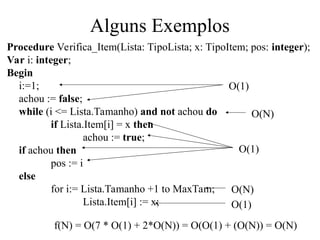 Alguns Exemplos
Procedure Verifica_Item(Lista: TipoLista; x: TipoItem; pos: integer);
Var i: integer;
Begin
i:=1;
achou := false;
while (i <= Lista.Tamanho) and not achou do
if Lista.Item[i] = x then
achou := true;
if achou then
pos := i
else
for i:= Lista.Tamanho +1 to MaxTam;
Lista.Item[i] := x;
O(1)
O(N)
O(1)
f(N) = O(7 * O(1) + 2*O(N)) = O(O(1) + (O(N)) = O(N)
O(N)
O(1)
 