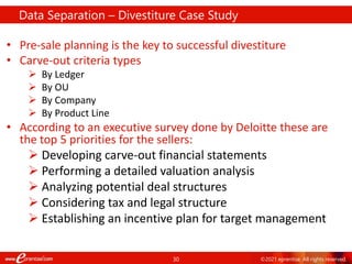 30 ©2021 eprentise. All rights reserved.
Data Separation – Divestiture Case Study
• Pre-sale planning is the key to successful divestiture
• Carve-out criteria types
 By Ledger
 By OU
 By Company
 By Product Line
• According to an executive survey done by Deloitte these are
the top 5 priorities for the sellers:
 Developing carve-out financial statements
 Performing a detailed valuation analysis
 Analyzing potential deal structures
 Considering tax and legal structure
 Establishing an incentive plan for target management
 