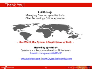 46 ©2021 eprentise. All rights reserved.
Thank You!
- One World, One System, A Single Source of Truth -
Anil Kukreja
Managing Director, eprentise India
Chief Technology Officer, eprentise
Hosted by eprentise®
Questions and Responses shared on EBS Answers:
linkedin.com/groups/4683349/
www.eprentise.com | www.CrystallizeAnalytics.com
 