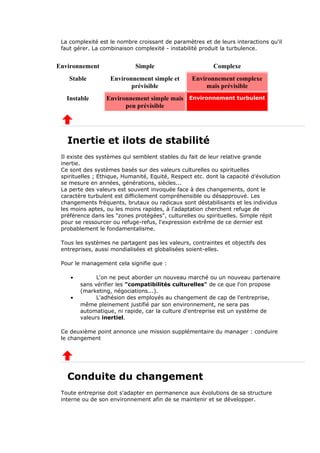 La complexité est le nombre croissant de paramètres et de leurs interactions qu'il
faut gérer. La combinaison complexité - instabilité produit la turbulence.
Environnement Simple Complexe
Stable Environnement simple et
prévisible
Environnement complexe
mais prévisible
Instable Environnement simple mais
peu prévisible
Environnement turbulent
Inertie et ilots de stabilité
Il existe des systèmes qui semblent stables du fait de leur relative grande
inertie.
Ce sont des systèmes basés sur des valeurs culturelles ou spirituelles
spirituelles ; Ethique, Humanité, Equité, Respect etc. dont la capacité d'évolution
se mesure en années, générations, siècles...
La perte des valeurs est souvent invoquée face à des changements, dont le
caractère turbulent est difficilement compréhensible ou désapprouvé. Les
changements fréquents, brutaux ou radicaux sont déstabilisants et les individus
les moins aptes, ou les moins rapides, à l'adaptation cherchent refuge de
préférence dans les "zones protégées", culturelles ou spirituelles. Simple répit
pour se ressourcer ou refuge-refus, l'expression extrême de ce dernier est
probablement le fondamentalisme.
Tous les systèmes ne partagent pas les valeurs, contraintes et objectifs des
entreprises, aussi mondialisées et globalisées soient-elles.
Pour le management cela signifie que :
• L'on ne peut aborder un nouveau marché ou un nouveau partenaire
sans vérifier les "compatibilités culturelles" de ce que l'on propose
(marketing, négociations...).
• L'adhésion des employés au changement de cap de l'entreprise,
même pleinement justifié par son environnement, ne sera pas
automatique, ni rapide, car la culture d'entreprise est un système de
valeurs inertiel.
Ce deuxième point annonce une mission supplémentaire du manager : conduire
le changement
Conduite du changement
Toute entreprise doit s'adapter en permanence aux évolutions de sa structure
interne ou de son environnement afin de se maintenir et se développer.
 