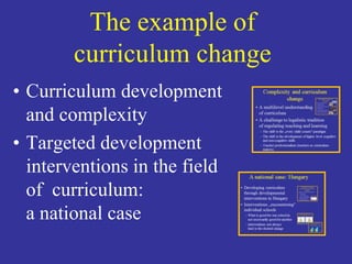 The example of 
curriculum change 
• Curriculum development 
and complexity 
• Targeted development 
interventions in the field 
of curriculum: 
a national case 
 