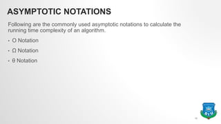 ASYMPTOTIC NOTATIONS
Following are the commonly used asymptotic notations to calculate the
running time complexity of an algorithm.
• Ο Notation
• Ω Notation
• θ Notation
13
 