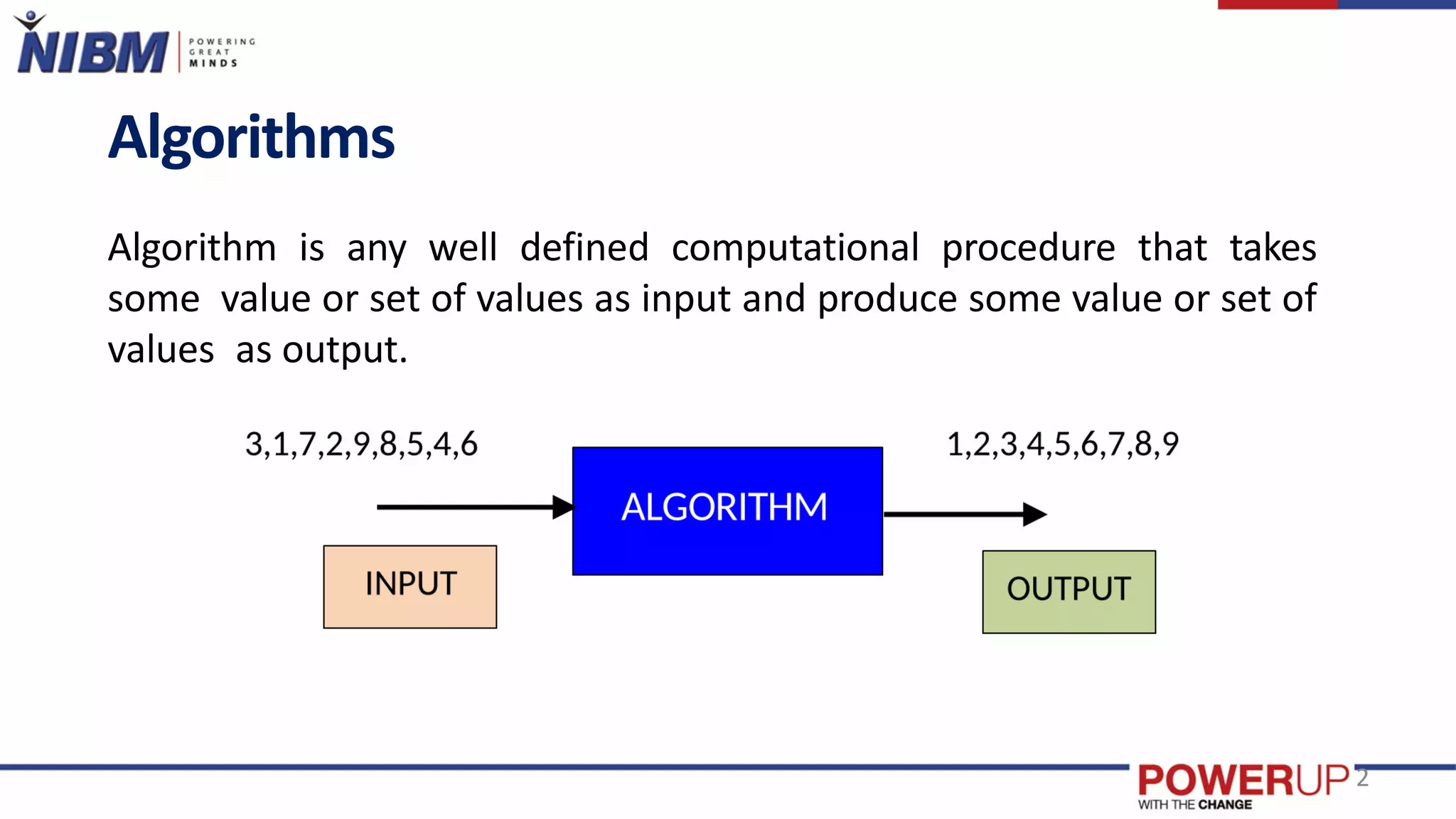 Algorithms
Algorithm is any well defined computational procedure that takes
some value or set of values as input and produce some value or set of
values as output.
2
 