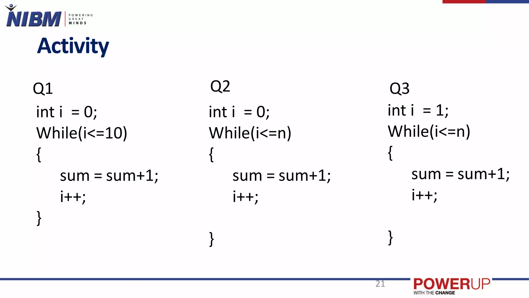 Q1
Activity
21
int i = 0;
While(i<=10)
{
sum = sum+1;
i++;
}
Q2
int i = 0;
While(i<=n)
{
sum = sum+1;
i++;
}
Q3
int i = 1;
While(i<=n)
{
sum = sum+1;
i++;
}
 