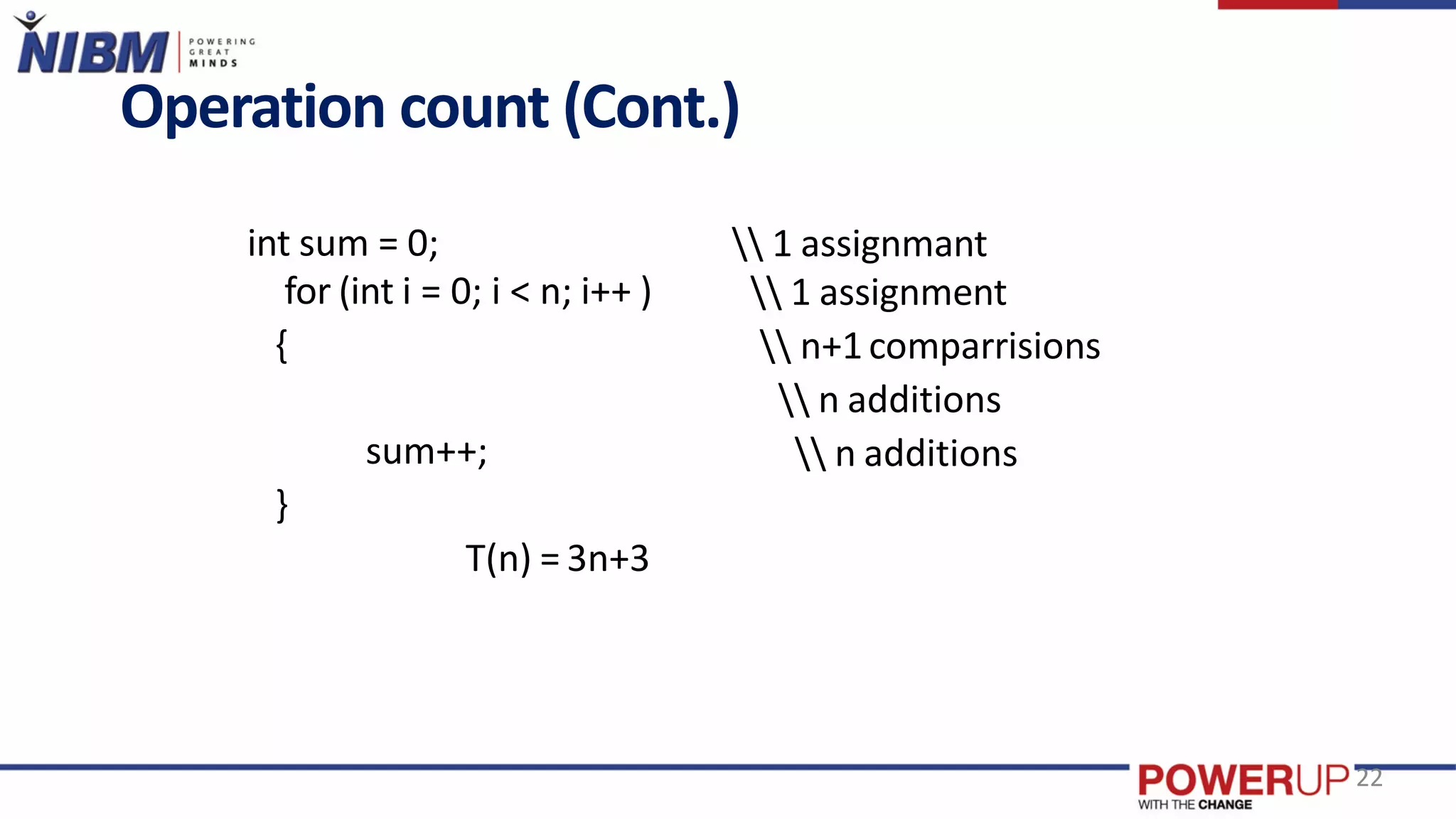 Operation count (Cont.)
 1 assignment
 n+1comparrisions
 n additions
 n additions
22
int sum = 0;  1 assignmant
for (int i = 0; i < n; i++ )
{
sum++;
}
T(n) = 3n+3
 