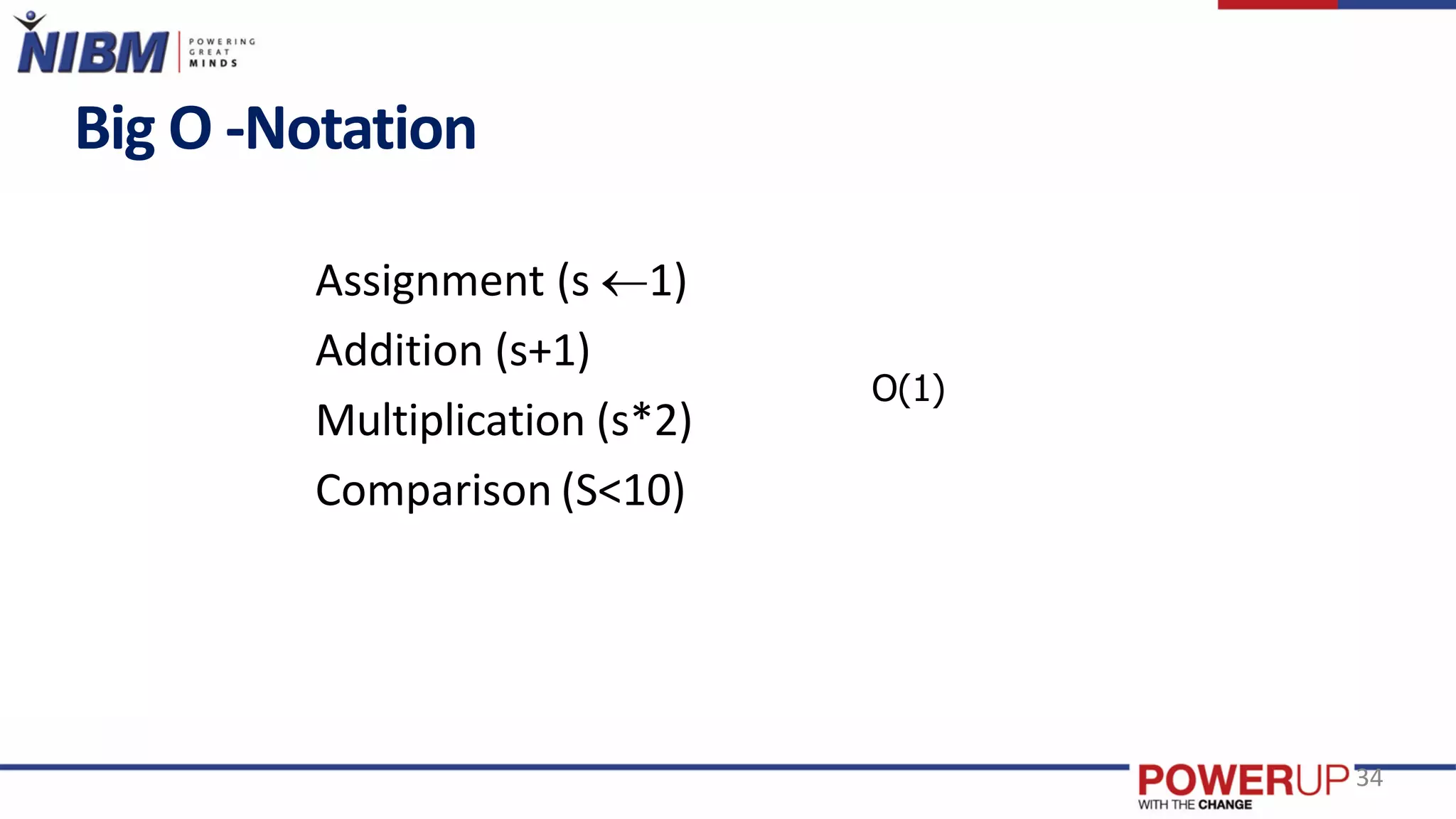 Big O -Notation
Assignment (s 1)
Addition (s+1)
Multiplication (s*2)
Comparison (S<10)
34
O(1)
 