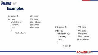 int sum = 0;
20
// 1time
}
T(n) = 3n+3
int i = 0; // 1 time
while (i < n){ // n+1 times
sum++;
i++;
// ntimes
// ntimes int sum = 0; // 1time
int i = 1;
while (i < n) {
// 1 time
// n times
sum++; // n-1times
i++; // n-1 times
}
T(n) =3n
Examples
 