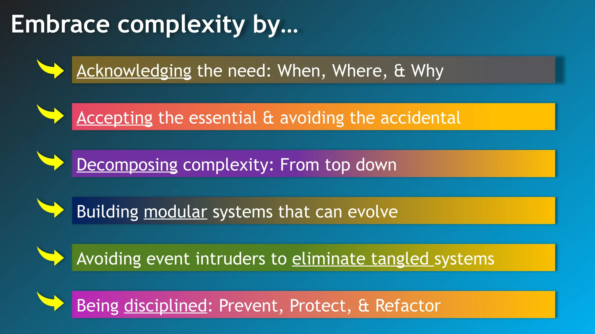 Being disciplined: Prevent, Protect, & Refactor
Avoiding event intruders to eliminate tangled systems
Building modular systems that can evolve
Decomposing complexity: From top down
Acknowledging the need: When, Where, & Why
Accepting the essential & avoiding the accidental
Embrace complexity by…
 