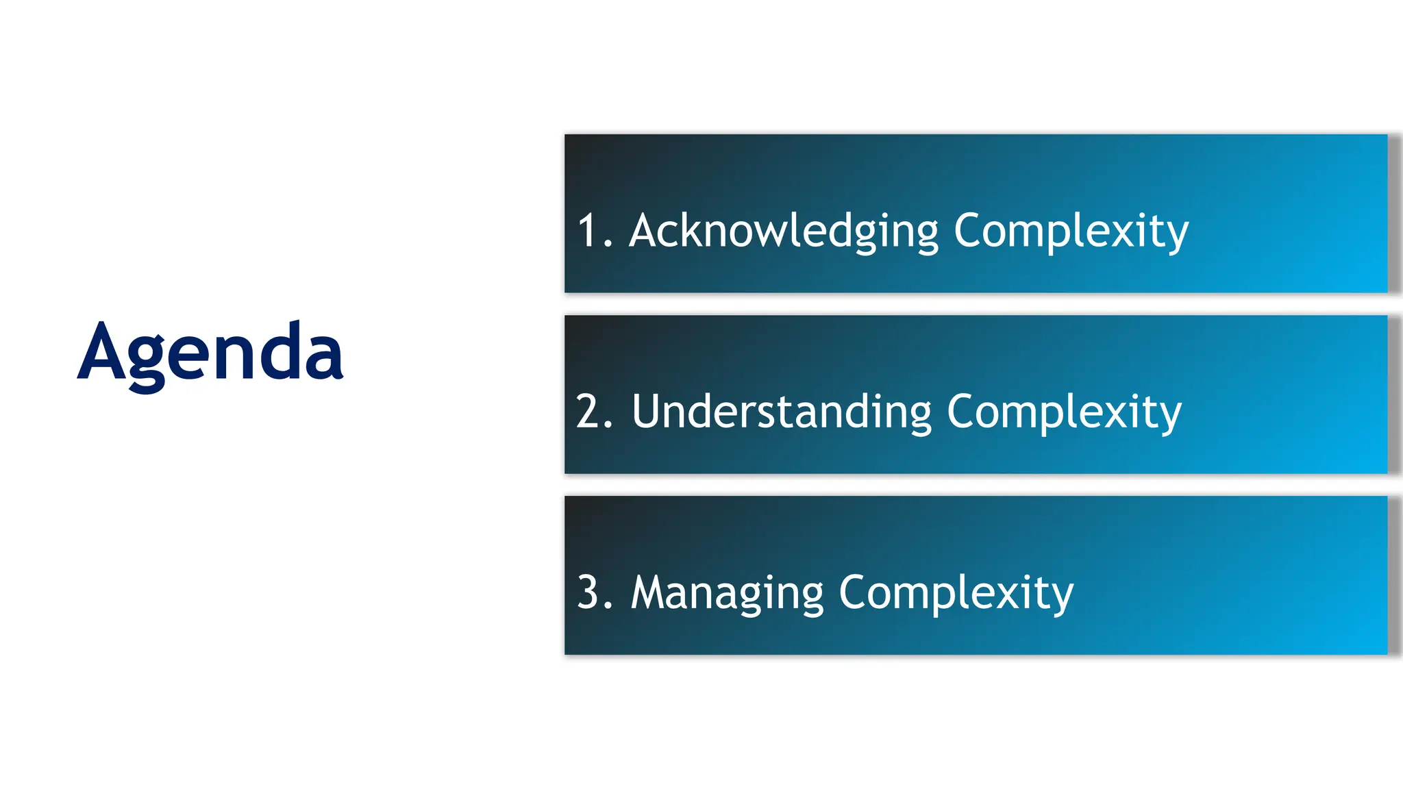 1. Acknowledging Complexity
Agenda
3. Managing Complexity
2. Understanding Complexity
 