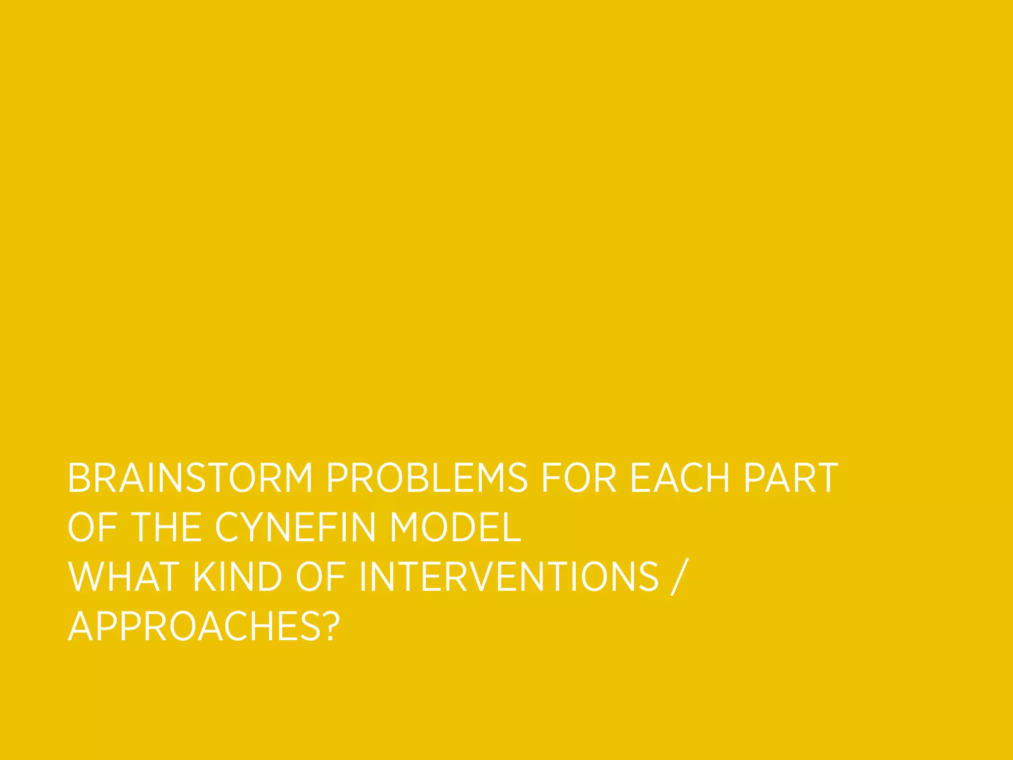 BRAINSTORM PROBLEMS FOR EACH PART
OF THE CYNEFIN MODEL
WHAT KIND OF INTERVENTIONS /
APPROACHES?
 