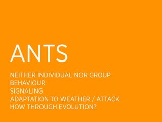 ANTS
NEITHER INDIVIDUAL NOR GROUP
BEHAVIOUR
SIGNALING
ADAPTATION TO WEATHER / ATTACK
HOW THROUGH EVOLUTION?
 