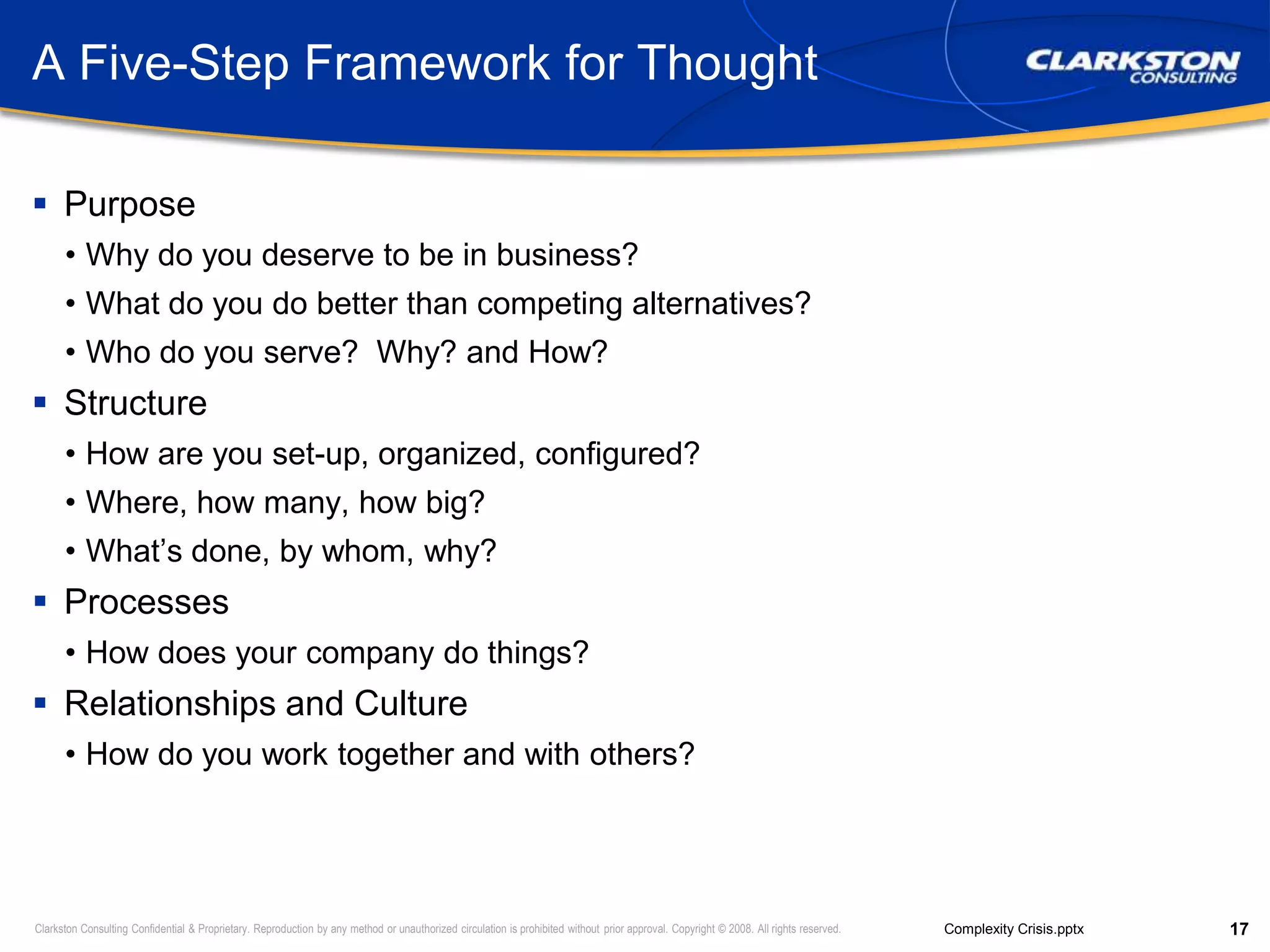 A Five-Step Framework for ThoughtPurposeWhy do you deserve to be in business?What do you do better than competing alternatives?Who do you serve?  Why? and How?StructureHow are you set-up, organized, configured?Where, how many, how big?What’s done, by whom, why?ProcessesHow does your company do things?Relationships and CultureHow do you work together and with others?