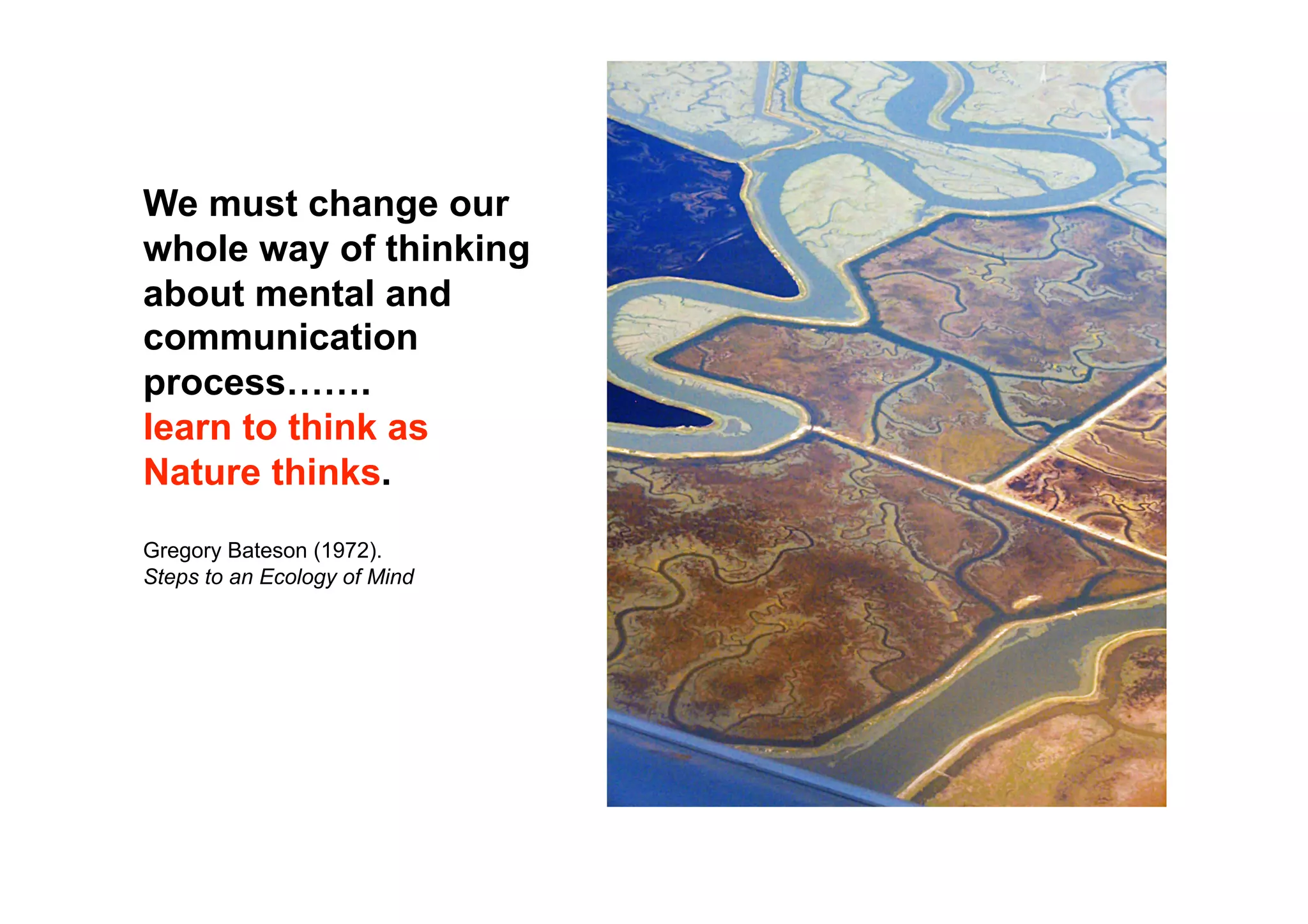 We must change our
whole way of thinking
about mental and
communication
process…….
learn to think as
Nature thinks.
Gregory Bateson (1972).
Steps to an Ecology of Mind
 