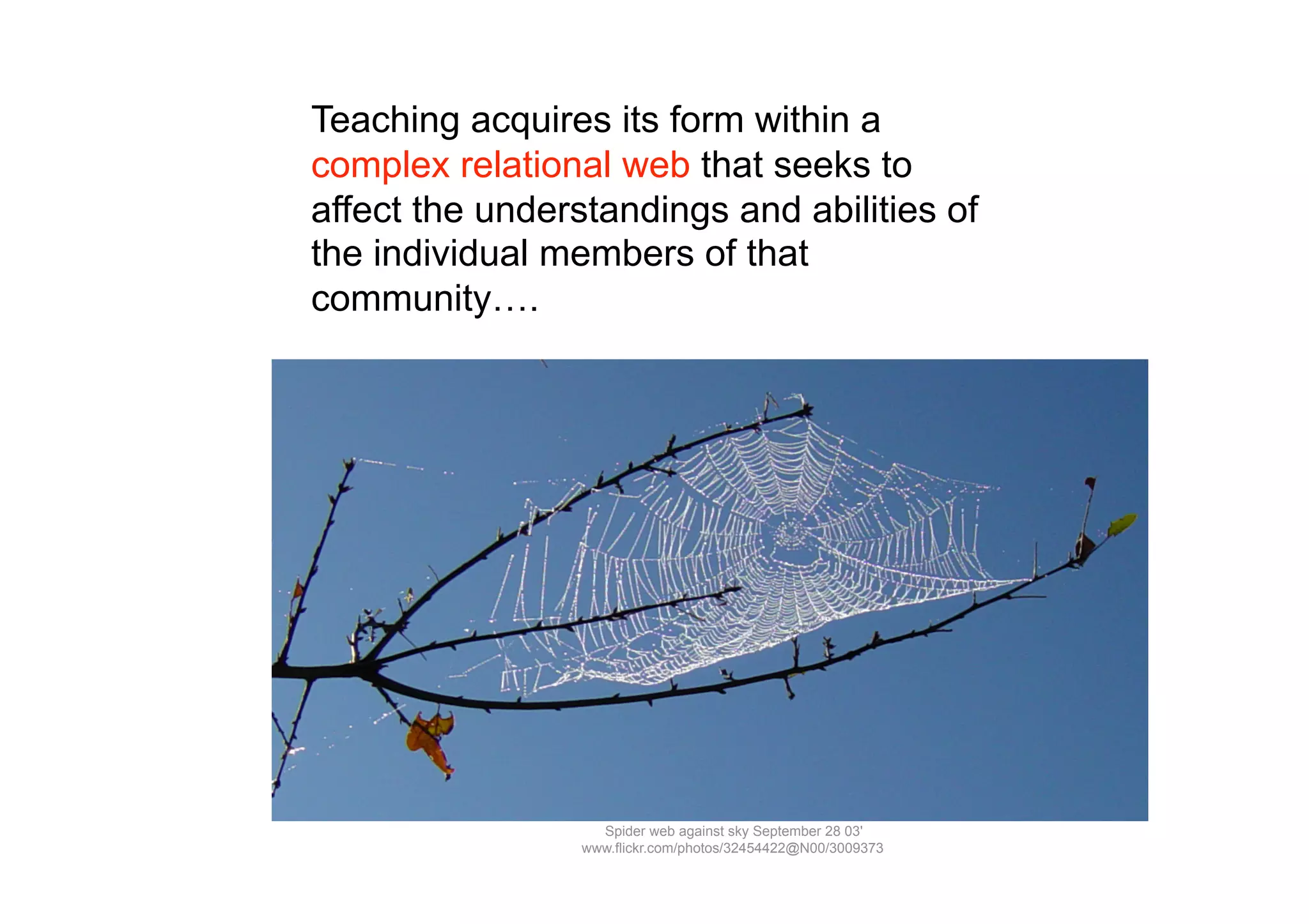 Teaching acquires its form within a
complex relational web that seeks to
affect the understandings and abilities of
the individual members of that
community….




                   Spider web against sky September 28 03'
                 www.flickr.com/photos/32454422@N00/3009373
 