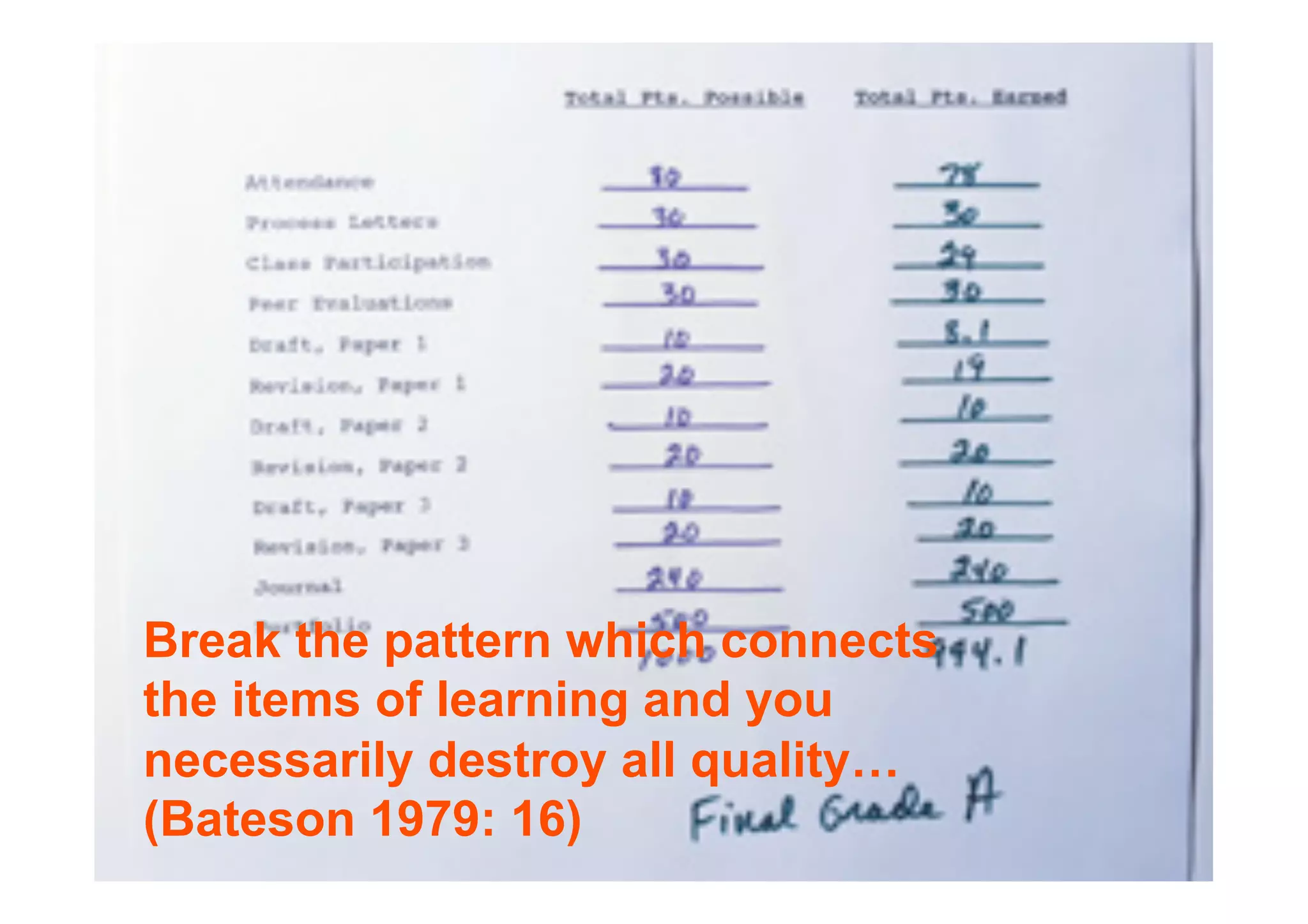 Break the pattern which connects
the items of learning and you
necessarily destroy all quality…
(Bateson 1979: 16)
 