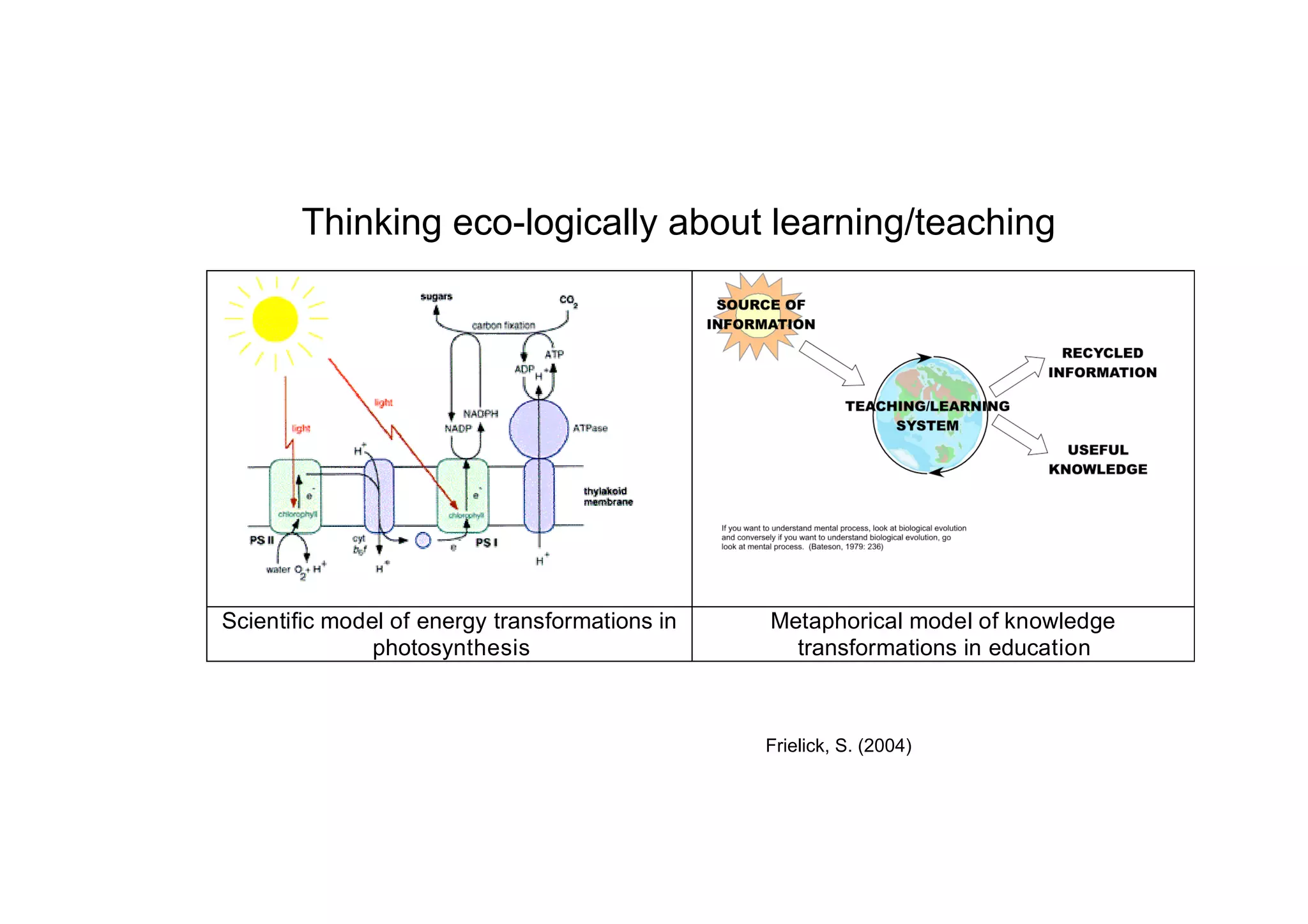 Thinking eco-logically about learning/teaching




Scientific model of energy transformations in   Metaphorical model of knowledge
               photosynthesis                     transformations in education



                                                Frielick, S. (2004)
 