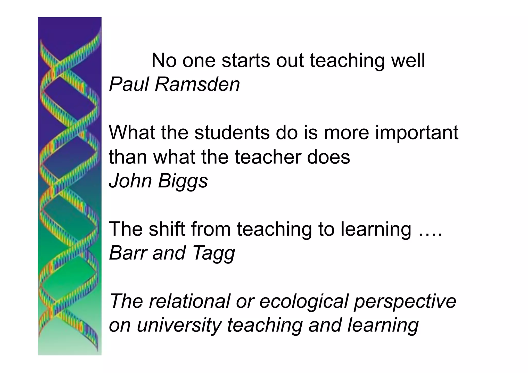 No one starts out teaching well
Paul Ramsden

What the students do is more important
than what the teacher does
John Biggs

The shift from teaching to learning ….
Barr and Tagg

The relational or ecological perspective
on university teaching and learning
 