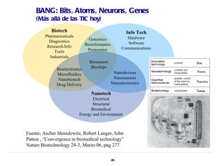BANG: Bits, Atoms, Neurons, Genes
    (Más allá de las TIC hoy)
            Biotech                                      Info Tech
         Pharmaceuticals                                Hardware
           Diagnostics            Genomics
                                Bioinformatics           Software
          Research/Info                               Communications
              Tools              Proteomics
           Industrials
                                  Biosensors
               Bioelectronics      Biochips
               Microfluidics                      Nanodevices
                Nanobiotech                       Nanosensors
               Drug Delivery                     Nanoelectronics

                                   Nanotech
                                  Electrical
                                  Structural
                                 Biomedical
                           Energy and Environment



Fuente; Ascher Shmulewitz, Robert Langer, John
Patton , “Convergence in biomedical technology”
Nature Biotechnology 24-3, Marzo 06, pag 277

                                                 29
 