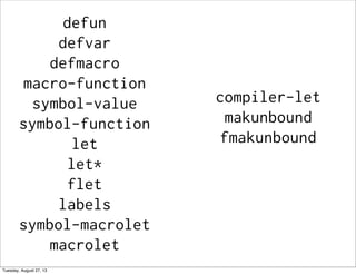 defun
defvar
defmacro
macro-function
symbol-value
symbol-function
let
let*
flet
labels
symbol-macrolet
macrolet
compiler-let
makunbound
fmakunbound
Tuesday, August 27, 13
 