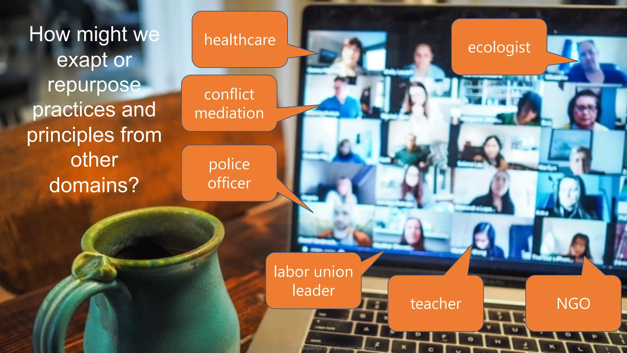 © nuCognitive LLC & FiveWhyz LLC. All rights reserved. 18
police
officer
labor union
leader
teacher NGO
ecologist
How might we
exapt or
repurpose
practices and
principles from
other
domains?
healthcare
conflict
mediation
 