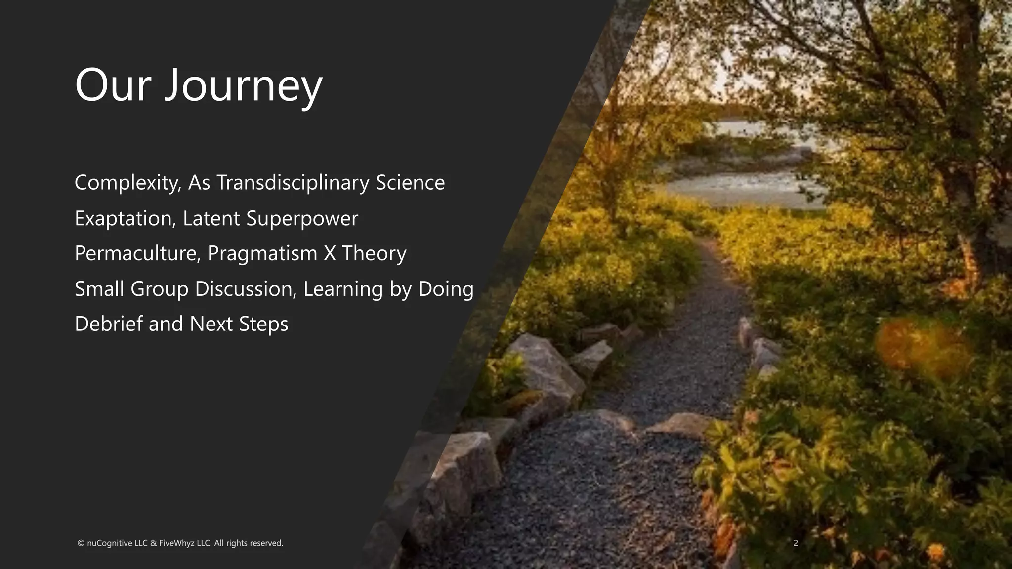 Our Journey
Complexity, As Transdisciplinary Science
Exaptation, Latent Superpower
Permaculture, Pragmatism X Theory
Small Group Discussion, Learning by Doing
Debrief and Next Steps
 